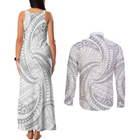 White Sunday Lotu Tamaiti Couples Matching Tank Maxi Dress and Long Sleeve Button Shirt Polynesian Wave Pastel Gray LT9 - Polynesian Pride