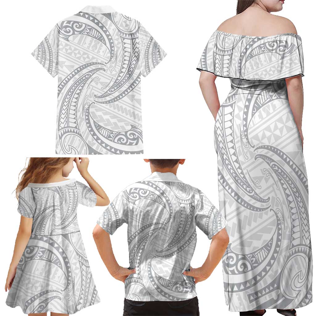 White Sunday Lotu Tamaiti Family Matching Off Shoulder Maxi Dress and Hawaiian Shirt Polynesian Wave Pastel Gray LT9 - Polynesian Pride