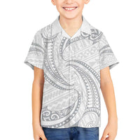 White Sunday Lotu Tamaiti Family Matching Off Shoulder Maxi Dress and Hawaiian Shirt Polynesian Wave Pastel Gray LT9 Son's Shirt Gray - Polynesian Pride