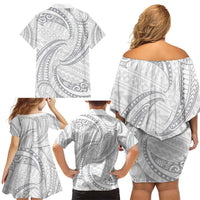 White Sunday Lotu Tamaiti Family Matching Off Shoulder Short Dress and Hawaiian Shirt Polynesian Wave Pastel Gray LT9 - Polynesian Pride