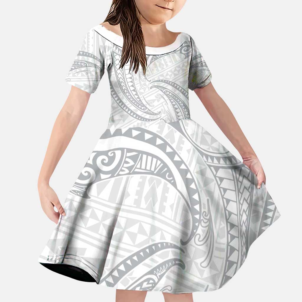 White Sunday Lotu Tamaiti Family Matching Puletasi and Hawaiian Shirt Polynesian Wave Pastel Gray LT9 Daughter's Dress Gray - Polynesian Pride