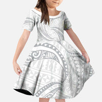 White Sunday Lotu Tamaiti Family Matching Puletasi and Hawaiian Shirt Polynesian Wave Pastel Gray LT9 Daughter's Dress Gray - Polynesian Pride