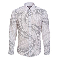 White Sunday Lotu Tamaiti Family Matching Puletasi and Hawaiian Shirt Polynesian Wave Pastel Gray LT9 Dad's Shirt - Long Sleeve Gray - Polynesian Pride