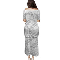 White Sunday Lotu Tamaiti Family Matching Puletasi and Hawaiian Shirt Polynesian Wave Pastel Gray LT9 - Polynesian Pride