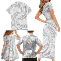 White Sunday Lotu Tamaiti Family Matching Short Sleeve Bodycon Dress and Hawaiian Shirt Polynesian Wave Pastel Gray LT9 - Polynesian Pride