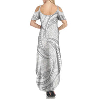 White Sunday Lotu Tamaiti Family Matching Summer Maxi Dress and Hawaiian Shirt Polynesian Wave Pastel Gray LT9 - Polynesian Pride