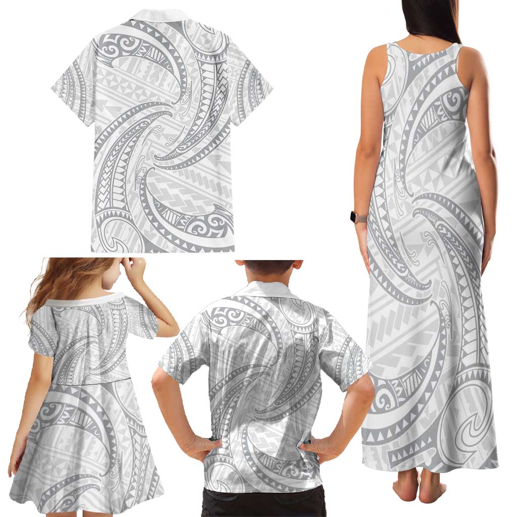 White Sunday Lotu Tamaiti Family Matching Tank Maxi Dress and Hawaiian Shirt Polynesian Wave Pastel Gray LT9 - Polynesian Pride