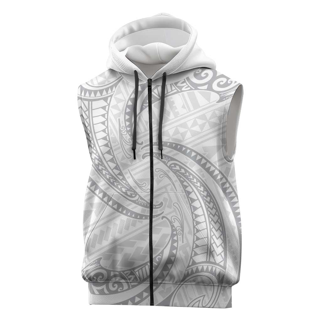 White Sunday Lotu Tamaiti Sleeveless Zip Hoodie Polynesian Wave Pastel Gray - Polynesian Pride