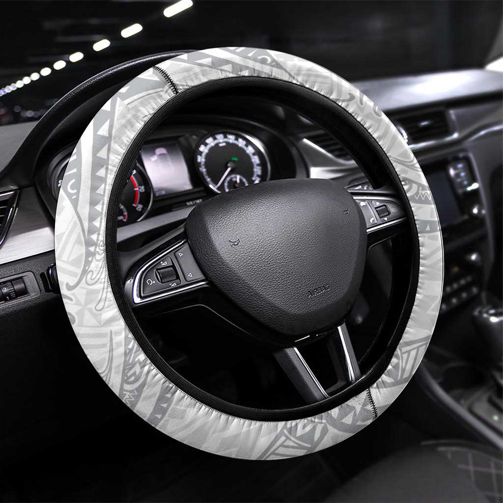 White Sunday Lotu Tamaiti Steering Wheel Cover Polynesian Wave Pastel Gray - Polynesian Pride