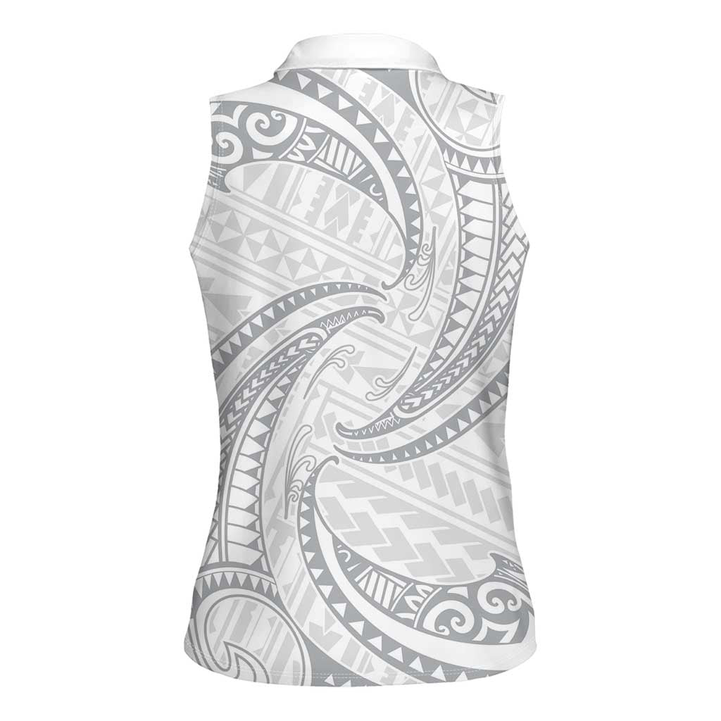 White Sunday Lotu Tamaiti Women Sleeveless Polo Shirt Polynesian Wave Pastel Gray LT9 - Polynesian Pride