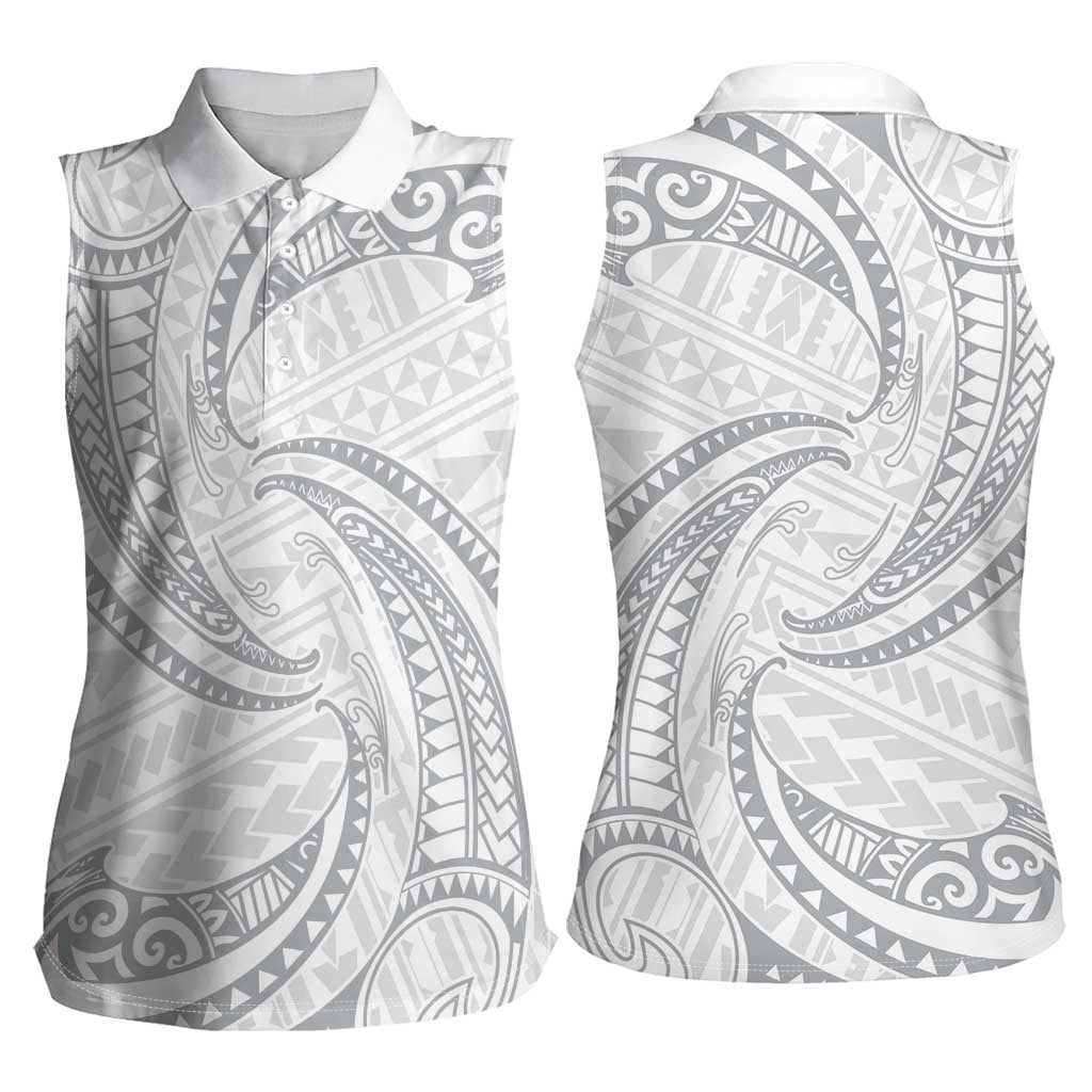White Sunday Lotu Tamaiti Women Sleeveless Polo Shirt Polynesian Wave Pastel Gray LT9 - Polynesian Pride