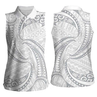 White Sunday Lotu Tamaiti Women Sleeveless Polo Shirt Polynesian Wave Pastel Gray LT9 - Polynesian Pride