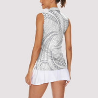 White Sunday Lotu Tamaiti Women Sleeveless Polo Shirt Polynesian Wave Pastel Gray LT9 - Polynesian Pride