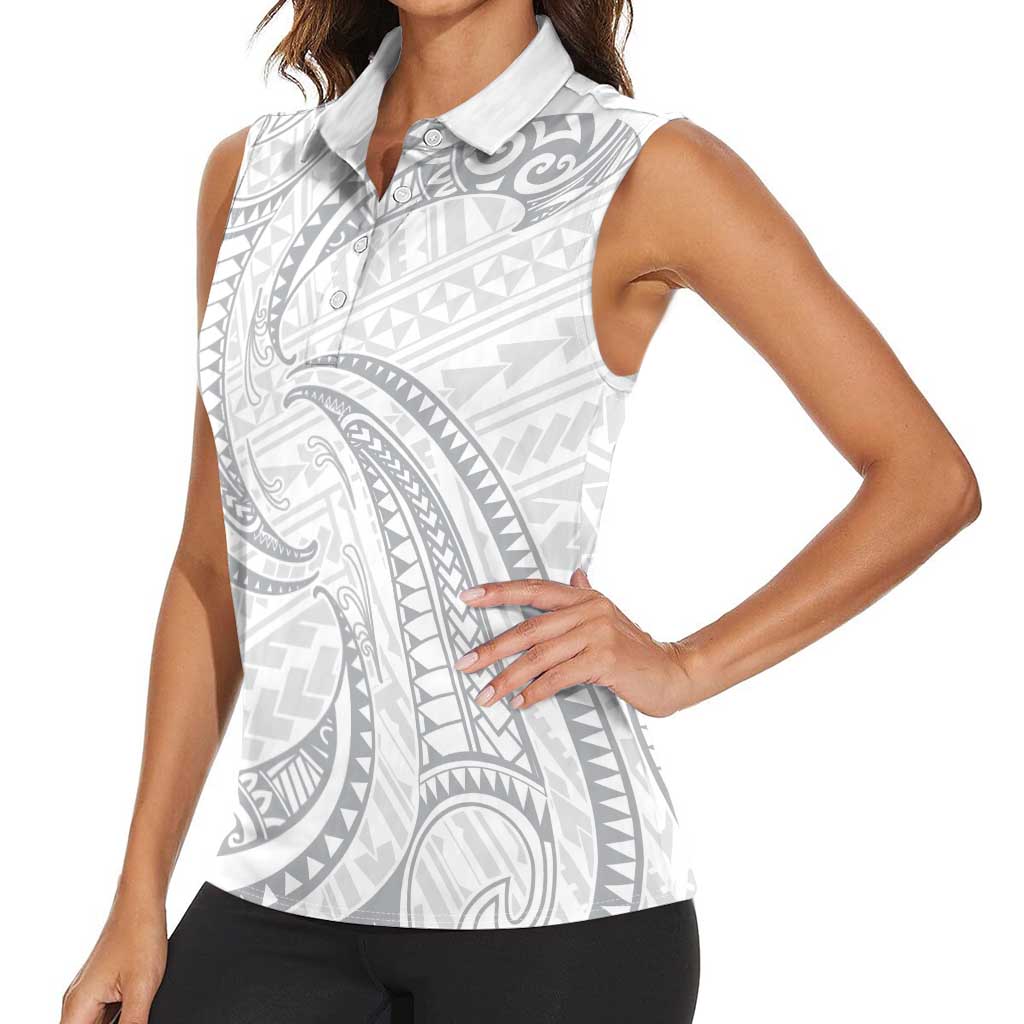 White Sunday Lotu Tamaiti Women Sleeveless Polo Shirt Polynesian Wave Pastel Gray LT9 - Polynesian Pride