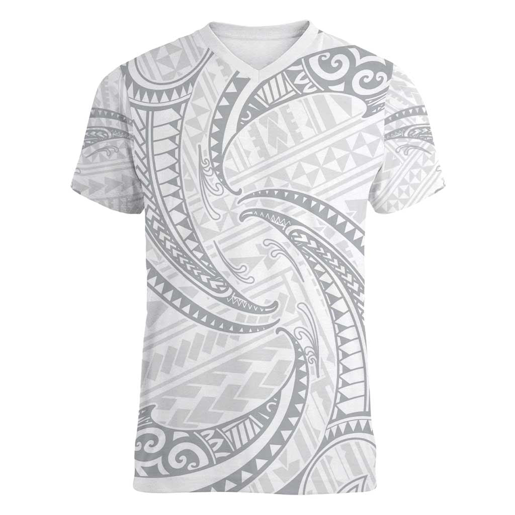White Sunday Lotu Tamaiti Women V-Neck T-Shirt Polynesian Wave Pastel Gray LT9 Female Gray - Polynesian Pride