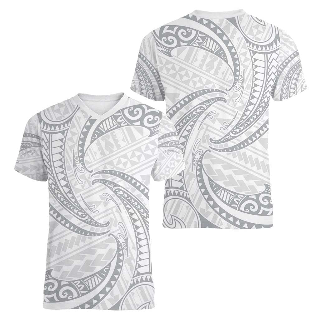 White Sunday Lotu Tamaiti Women V-Neck T-Shirt Polynesian Wave Pastel Gray LT9 - Polynesian Pride