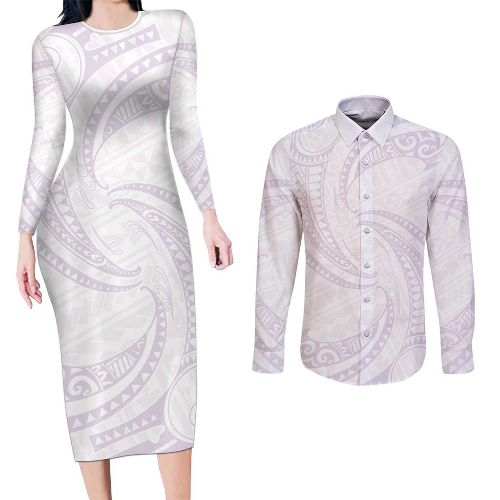 White Sunday Lotu Tamaiti Couples Matching Long Sleeve Bodycon Dress and Long Sleeve Button Shirt Polynesian Wave Pastel Mauve LT9 Mauve - Polynesian Pride