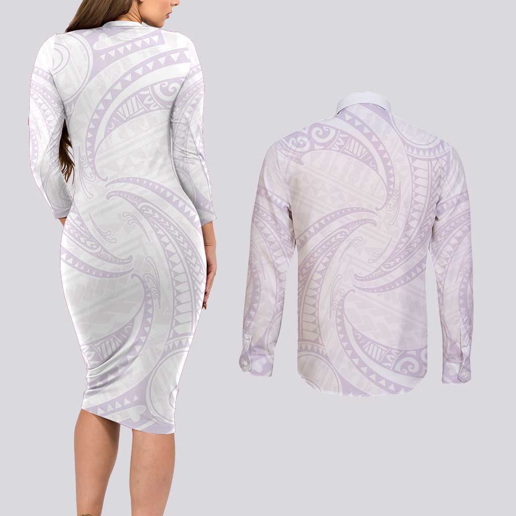 White Sunday Lotu Tamaiti Couples Matching Long Sleeve Bodycon Dress and Long Sleeve Button Shirt Polynesian Wave Pastel Mauve LT9 - Polynesian Pride
