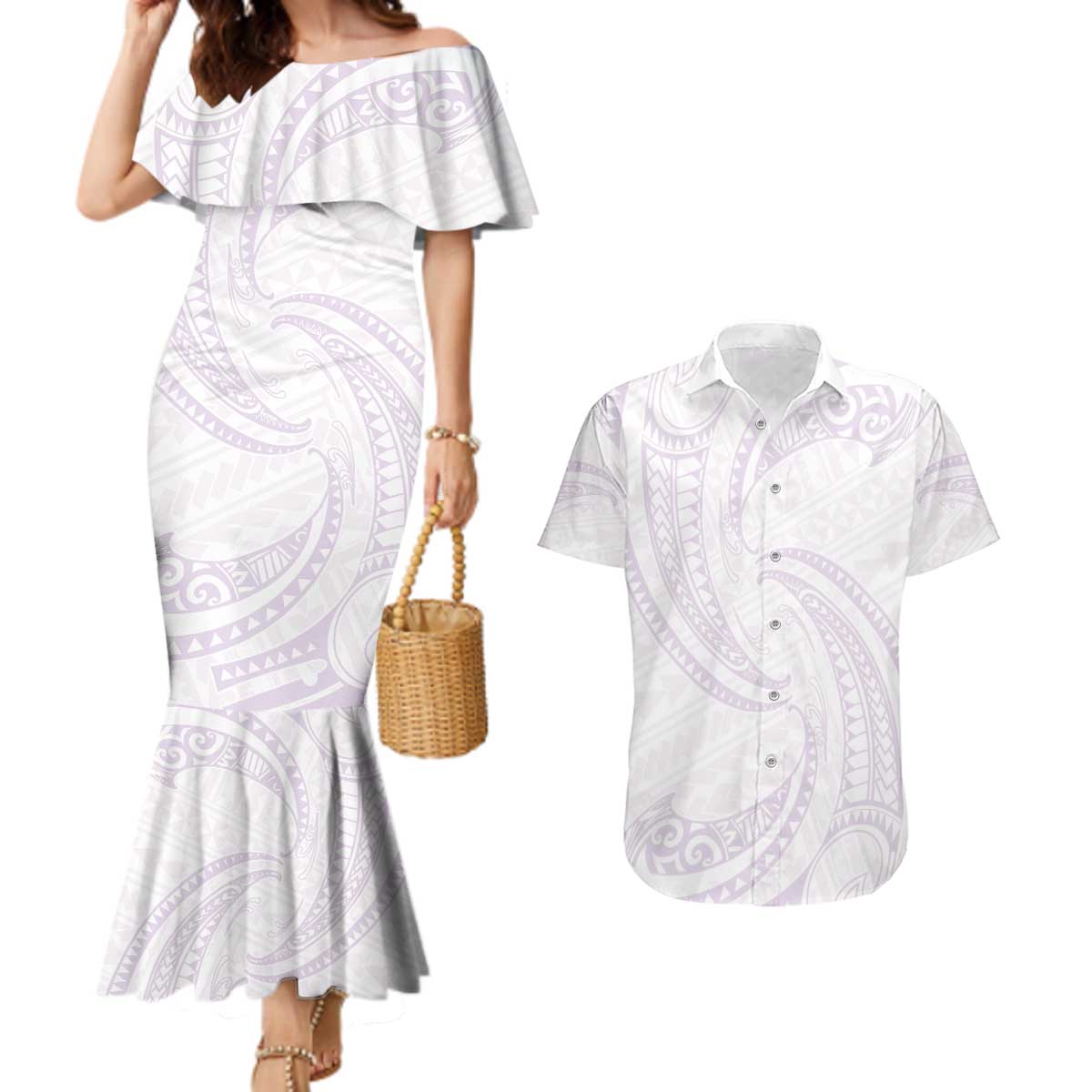 White Sunday Lotu Tamaiti Couples Matching Mermaid Dress and Hawaiian Shirt Polynesian Wave Pastel Mauve LT9 Mauve - Polynesian Pride