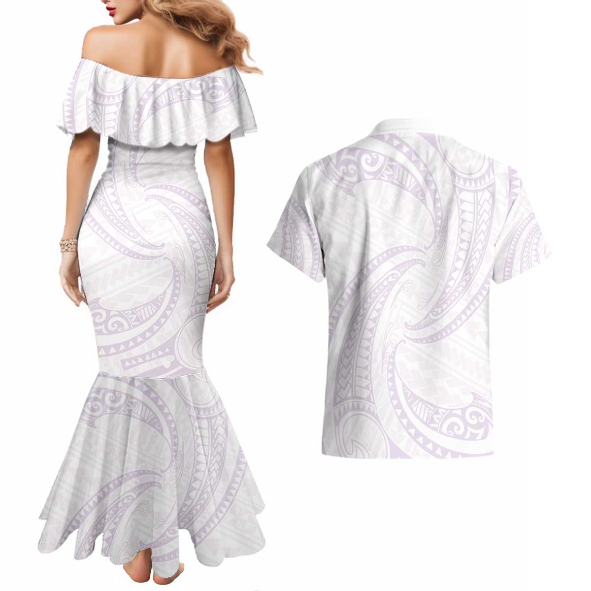 White Sunday Lotu Tamaiti Couples Matching Mermaid Dress and Hawaiian Shirt Polynesian Wave Pastel Mauve LT9 - Polynesian Pride