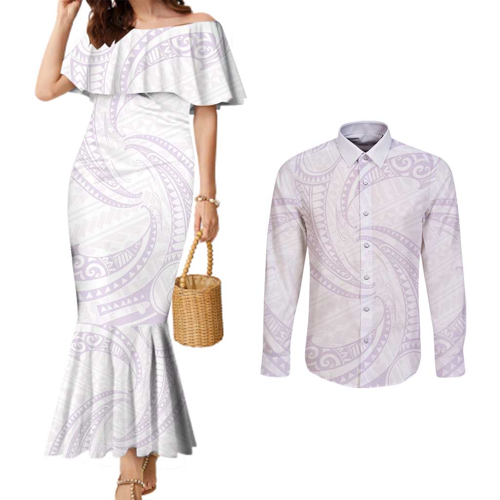 White Sunday Lotu Tamaiti Couples Matching Mermaid Dress and Long Sleeve Button Shirt Polynesian Wave Pastel Mauve LT9 Mauve - Polynesian Pride