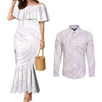 White Sunday Lotu Tamaiti Couples Matching Mermaid Dress and Long Sleeve Button Shirt Polynesian Wave Pastel Mauve LT9 Mauve - Polynesian Pride