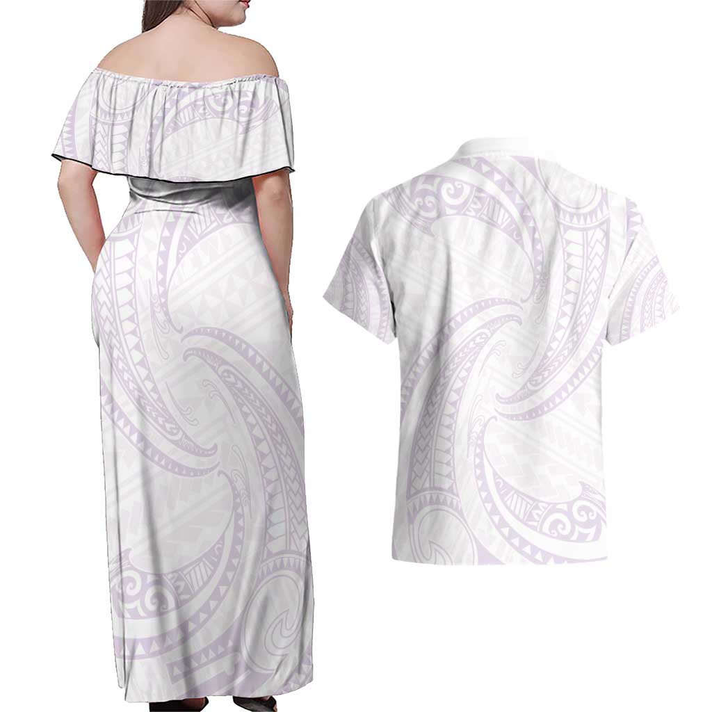White Sunday Lotu Tamaiti Couples Matching Off Shoulder Maxi Dress and Hawaiian Shirt Polynesian Wave Pastel Mauve LT9 - Polynesian Pride