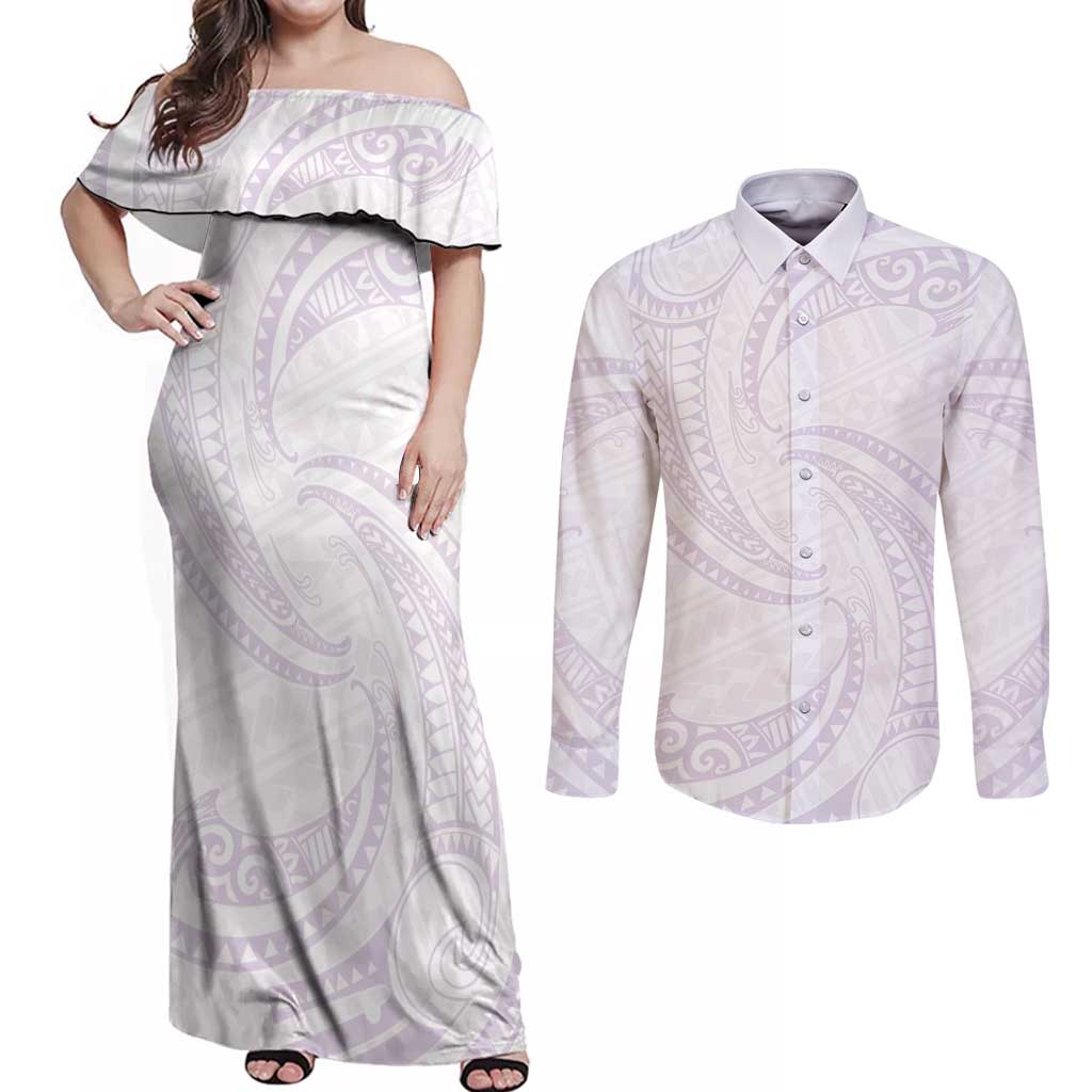 White Sunday Lotu Tamaiti Couples Matching Off Shoulder Maxi Dress and Long Sleeve Button Shirt Polynesian Wave Pastel Mauve LT9 Mauve - Polynesian Pride