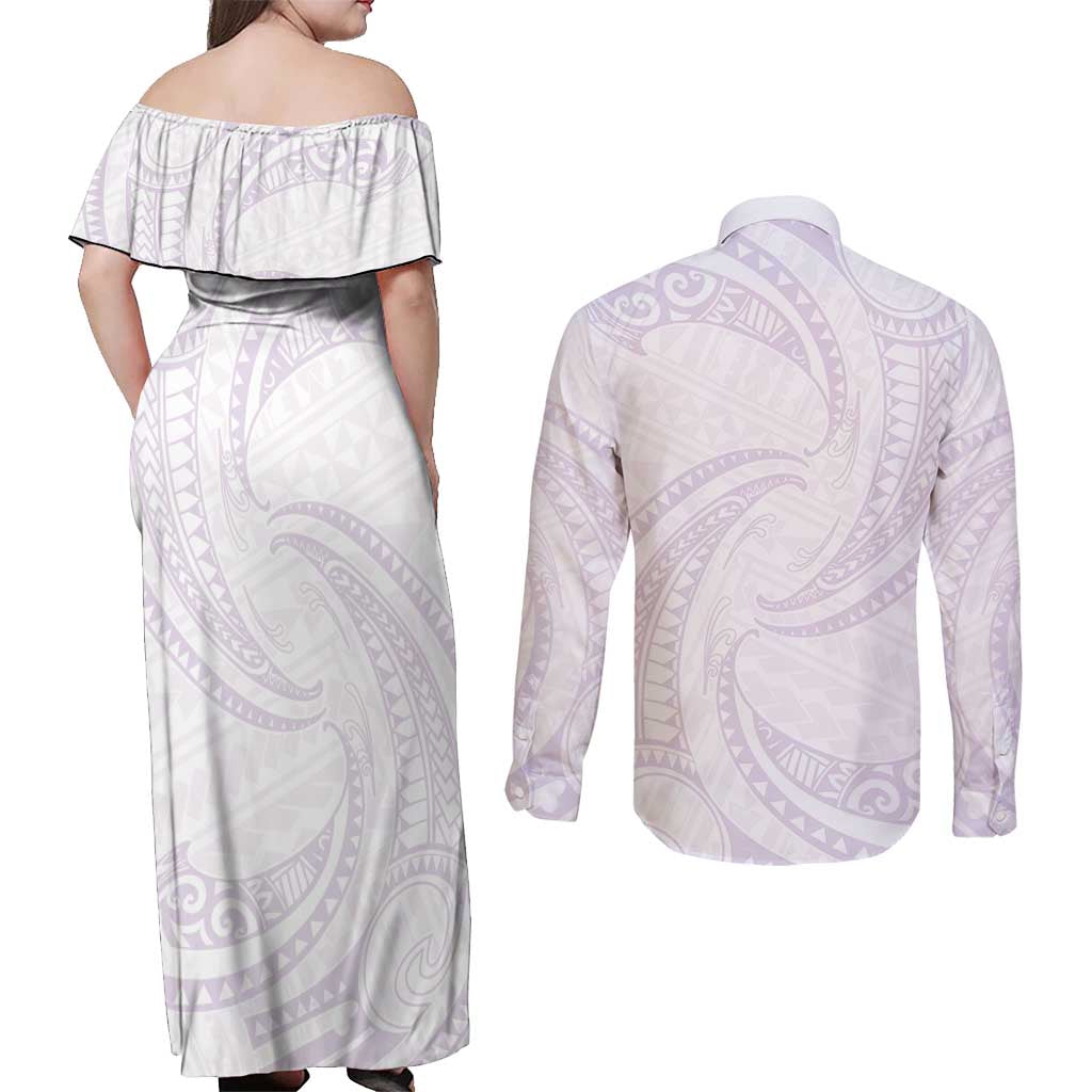 White Sunday Lotu Tamaiti Couples Matching Off Shoulder Maxi Dress and Long Sleeve Button Shirt Polynesian Wave Pastel Mauve LT9 - Polynesian Pride