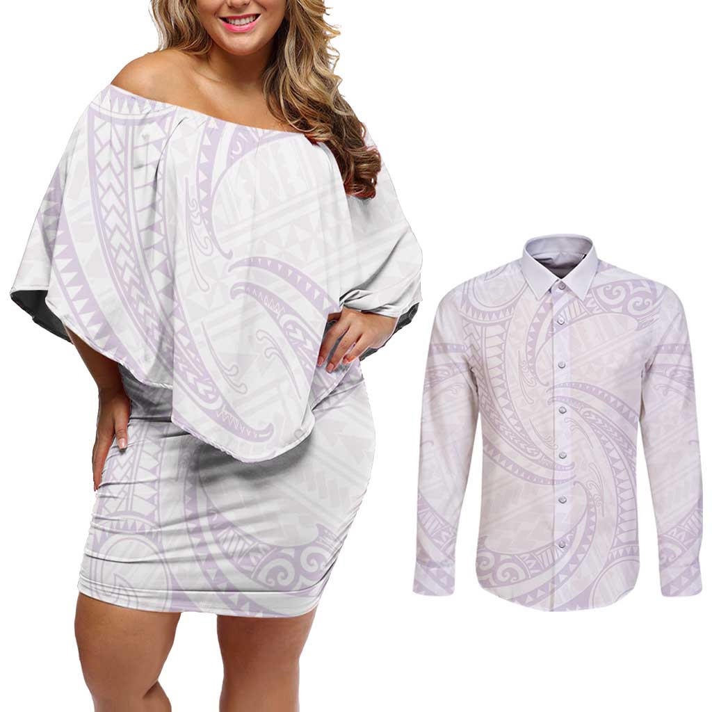 White Sunday Lotu Tamaiti Couples Matching Off Shoulder Short Dress and Long Sleeve Button Shirt Polynesian Wave Pastel Mauve LT9 Mauve - Polynesian Pride