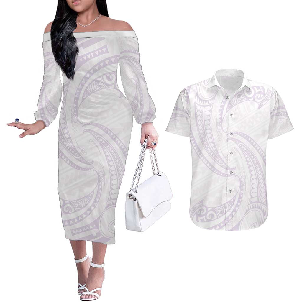 White Sunday Lotu Tamaiti Couples Matching Off The Shoulder Long Sleeve Dress and Hawaiian Shirt Polynesian Wave Pastel Mauve LT9 Mauve - Polynesian Pride