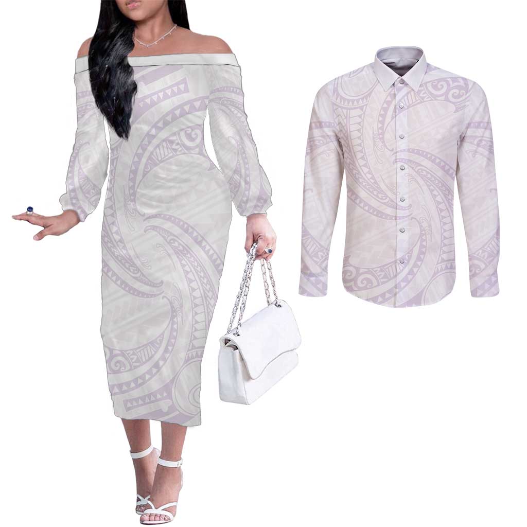 White Sunday Lotu Tamaiti Couples Matching Off The Shoulder Long Sleeve Dress and Long Sleeve Button Shirt Polynesian Wave Pastel Mauve LT9 Mauve - Polynesian Pride