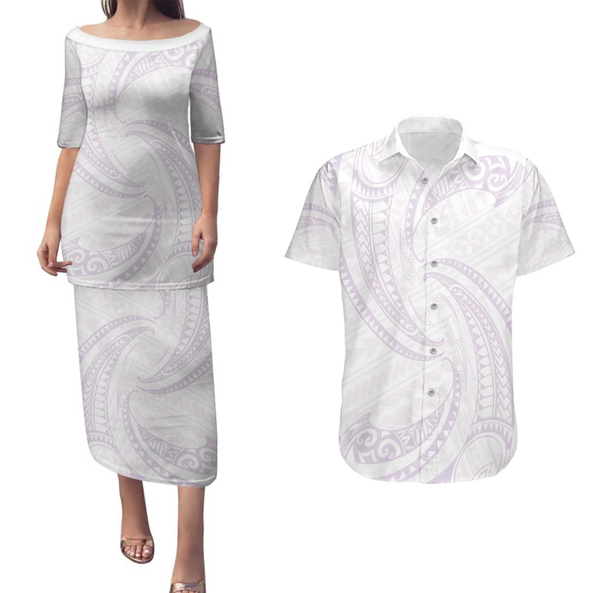 White Sunday Lotu Tamaiti Couples Matching Puletasi and Hawaiian Shirt Polynesian Wave Pastel Mauve LT9 Mauve - Polynesian Pride