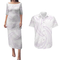 White Sunday Lotu Tamaiti Couples Matching Puletasi and Hawaiian Shirt Polynesian Wave Pastel Mauve LT9 Mauve - Polynesian Pride
