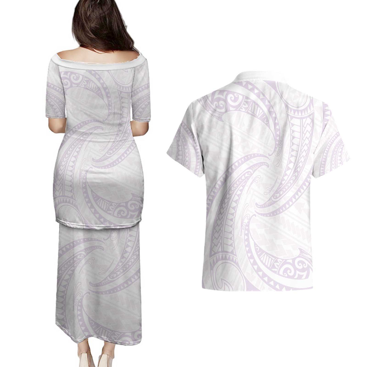 White Sunday Lotu Tamaiti Couples Matching Puletasi and Hawaiian Shirt Polynesian Wave Pastel Mauve LT9 - Polynesian Pride