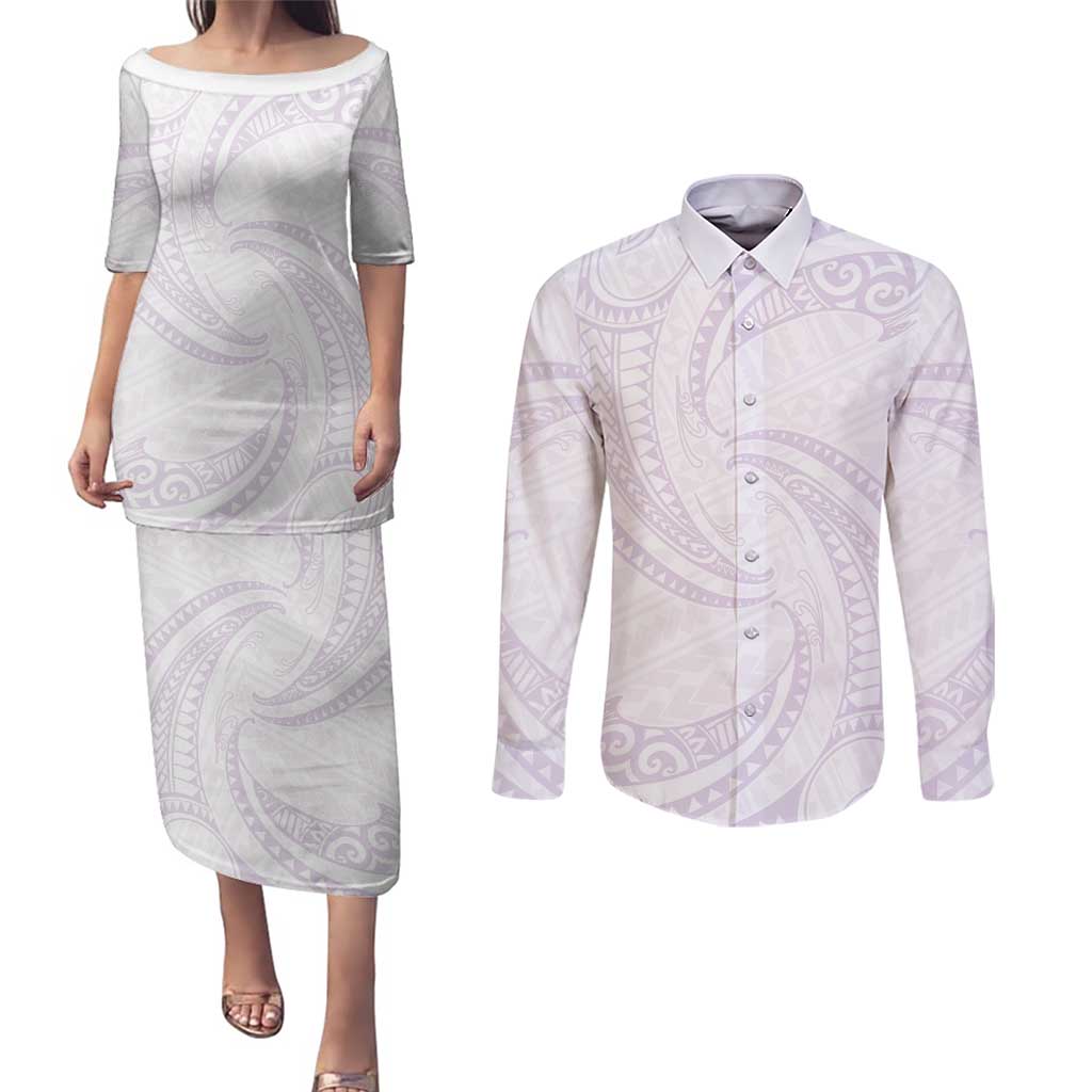 White Sunday Lotu Tamaiti Couples Matching Puletasi and Long Sleeve Button Shirt Polynesian Wave Pastel Mauve LT9 Mauve - Polynesian Pride