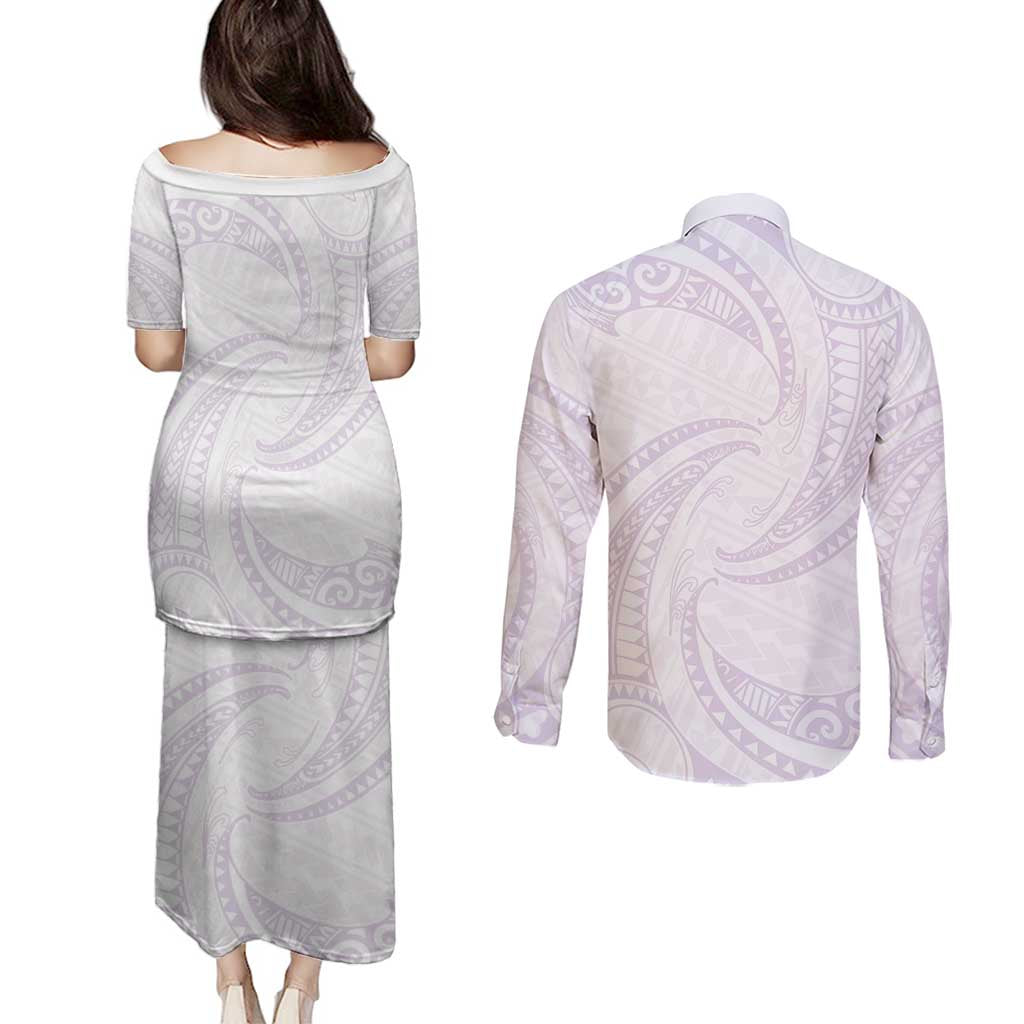 White Sunday Lotu Tamaiti Couples Matching Puletasi and Long Sleeve Button Shirt Polynesian Wave Pastel Mauve LT9 - Polynesian Pride