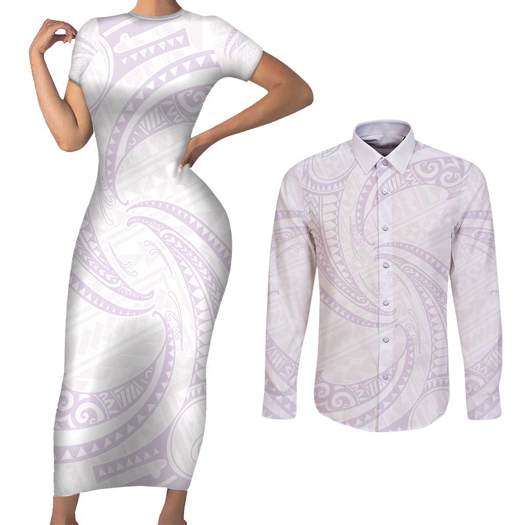 White Sunday Lotu Tamaiti Couples Matching Short Sleeve Bodycon Dress and Long Sleeve Button Shirt Polynesian Wave Pastel Mauve LT9 Mauve - Polynesian Pride