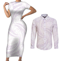White Sunday Lotu Tamaiti Couples Matching Short Sleeve Bodycon Dress and Long Sleeve Button Shirt Polynesian Wave Pastel Mauve LT9 Mauve - Polynesian Pride