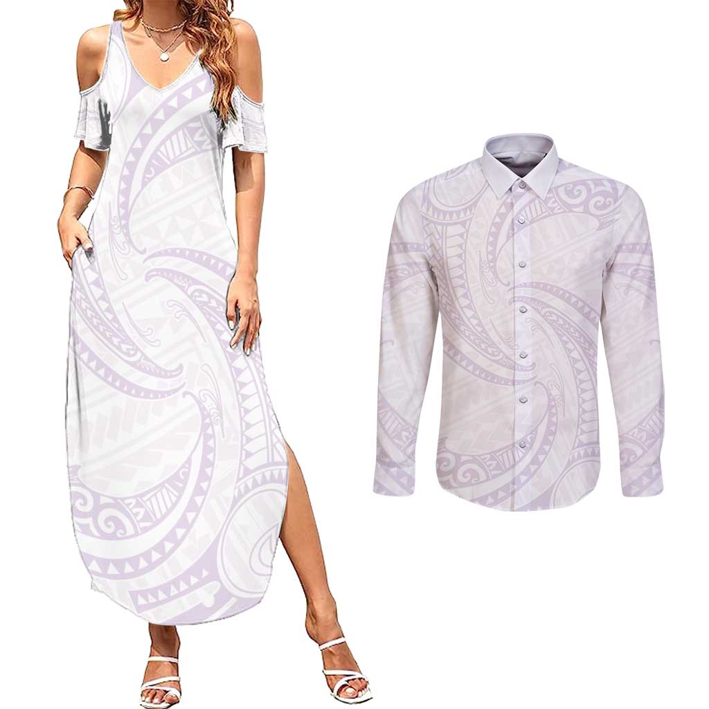 White Sunday Lotu Tamaiti Couples Matching Summer Maxi Dress and Long Sleeve Button Shirt Polynesian Wave Pastel Mauve LT9 Mauve - Polynesian Pride