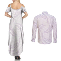 White Sunday Lotu Tamaiti Couples Matching Summer Maxi Dress and Long Sleeve Button Shirt Polynesian Wave Pastel Mauve LT9 - Polynesian Pride