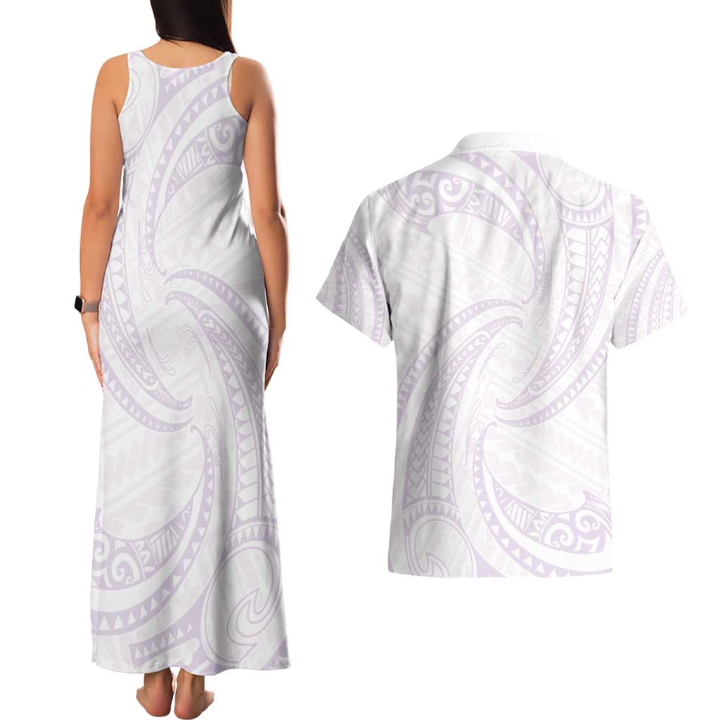 White Sunday Lotu Tamaiti Couples Matching Tank Maxi Dress and Hawaiian Shirt Polynesian Wave Pastel Mauve LT9 - Polynesian Pride