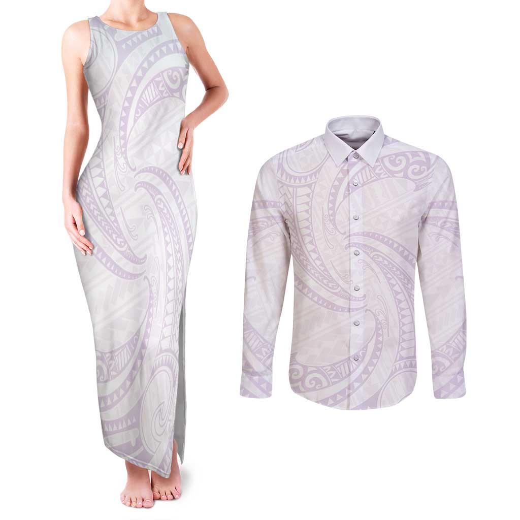 White Sunday Lotu Tamaiti Couples Matching Tank Maxi Dress and Long Sleeve Button Shirt Polynesian Wave Pastel Mauve LT9 Mauve - Polynesian Pride