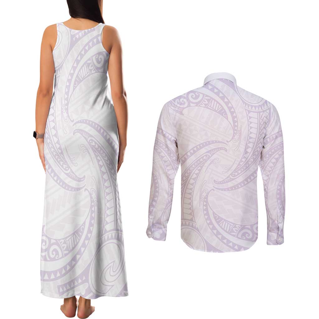 White Sunday Lotu Tamaiti Couples Matching Tank Maxi Dress and Long Sleeve Button Shirt Polynesian Wave Pastel Mauve LT9 - Polynesian Pride