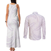 White Sunday Lotu Tamaiti Couples Matching Tank Maxi Dress and Long Sleeve Button Shirt Polynesian Wave Pastel Mauve LT9 - Polynesian Pride