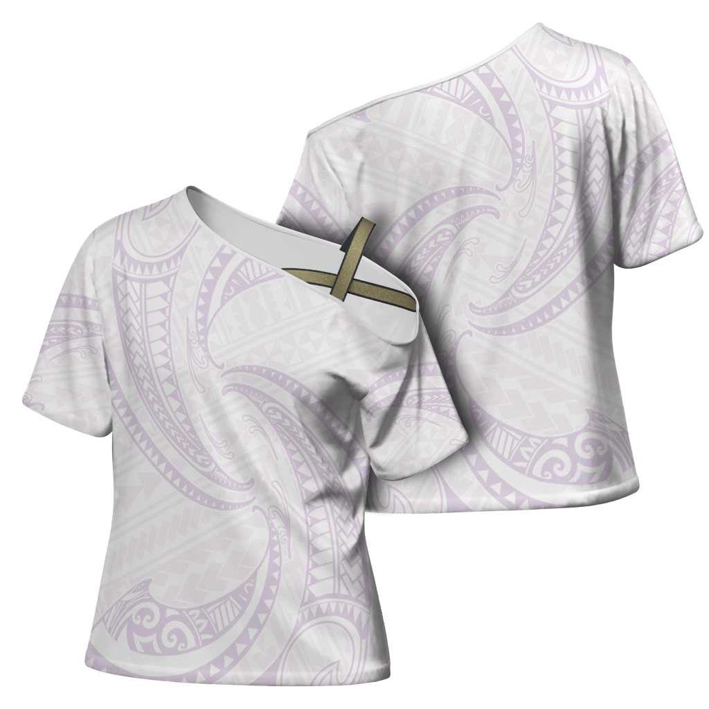 White Sunday Lotu Tamaiti Cross Shoulder Shirt Polynesian Wave Pastel Mauve LT9 - Polynesian Pride