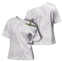White Sunday Lotu Tamaiti Cross Shoulder Shirt Polynesian Wave Pastel Mauve LT9 - Polynesian Pride