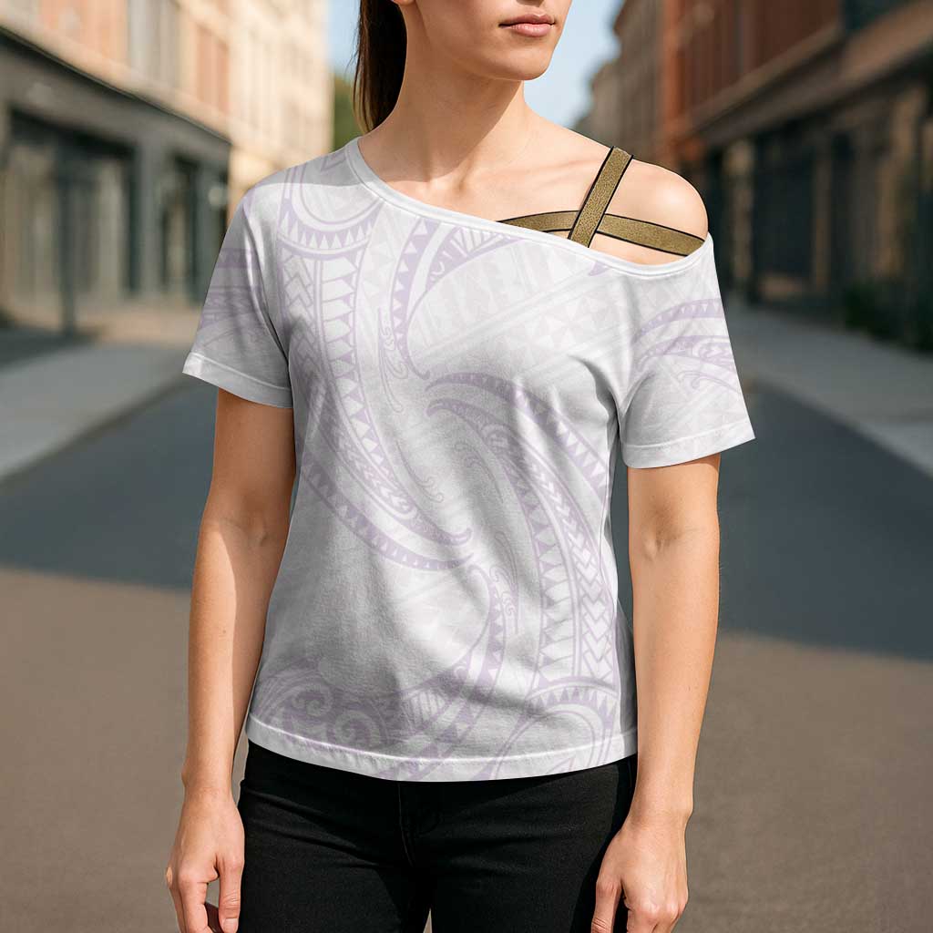 White Sunday Lotu Tamaiti Cross Shoulder Shirt Polynesian Wave Pastel Mauve LT9 - Polynesian Pride