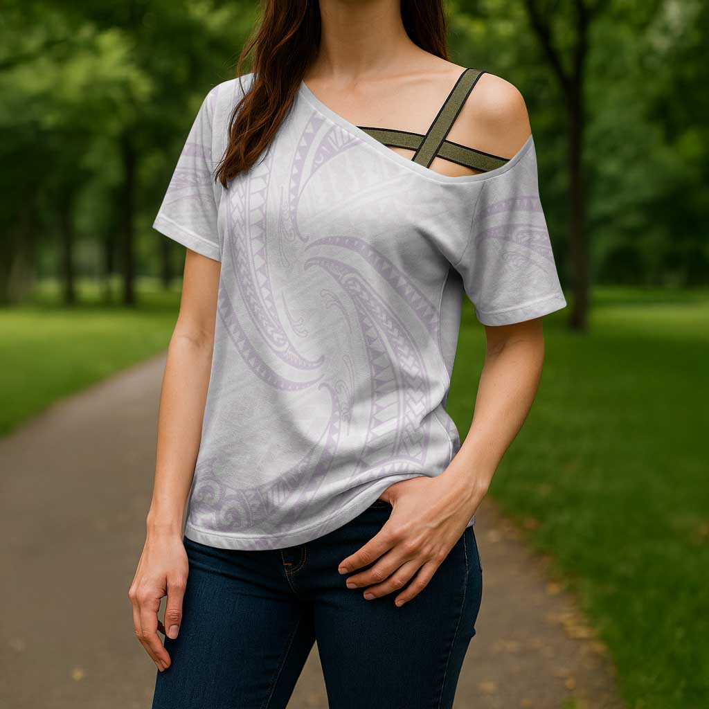 White Sunday Lotu Tamaiti Cross Shoulder Shirt Polynesian Wave Pastel Mauve LT9 - Polynesian Pride