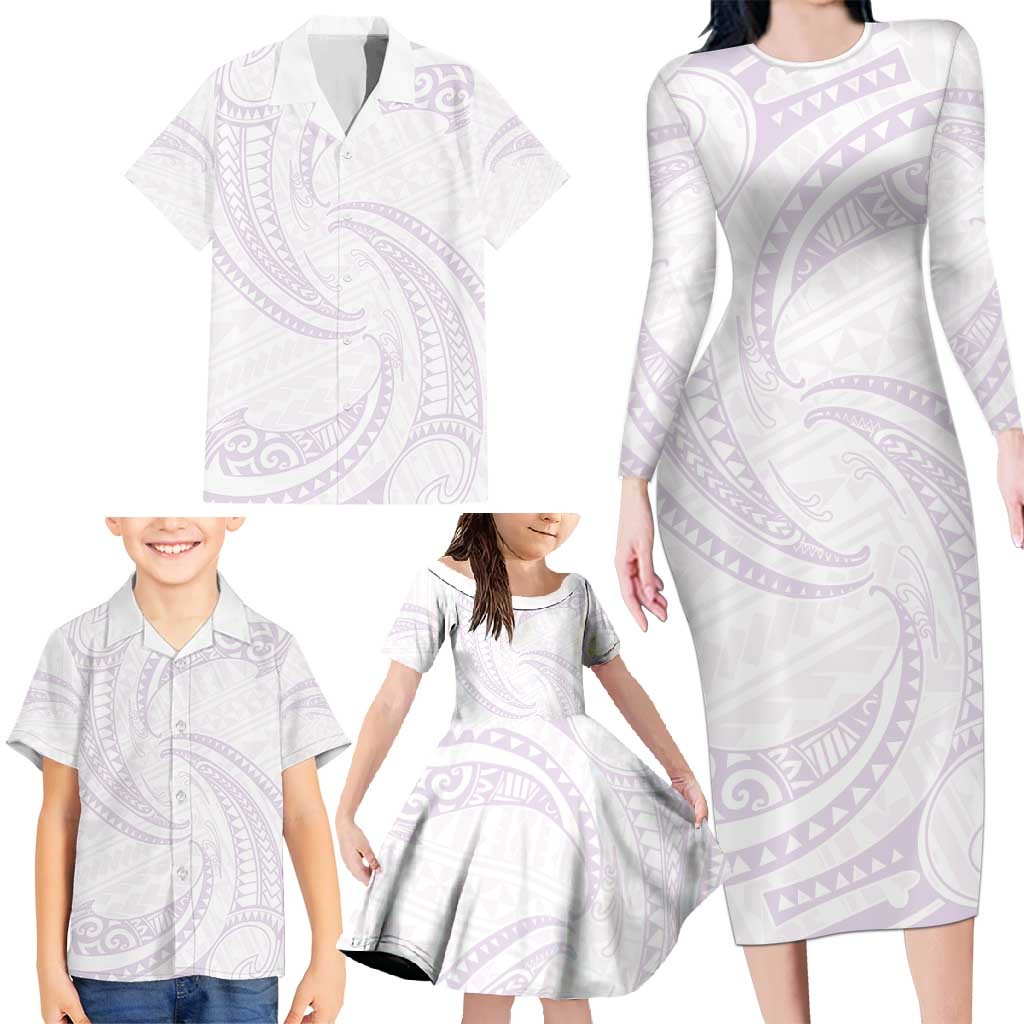 White Sunday Lotu Tamaiti Family Matching Long Sleeve Bodycon Dress and Hawaiian Shirt Polynesian Wave Pastel Mauve LT9 - Polynesian Pride